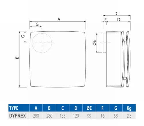 DYPREX Basic Centrifugális ventilátor d=100 mm 29 W 230 m3/h 208 Pa IPX4