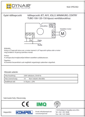 Időkapcsoló JET, AXY, JOLLY, MINIMURO, CENTRY TUBO 100-120-150 típusú ventilátorokhoz