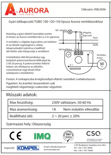 Időkapcsoló TUBO 100-120-150 típusú Aurora ventilátorokhoz